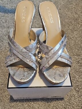 GUESS Silver Snakeskin Crisscross Slide Mules with Rhinestones